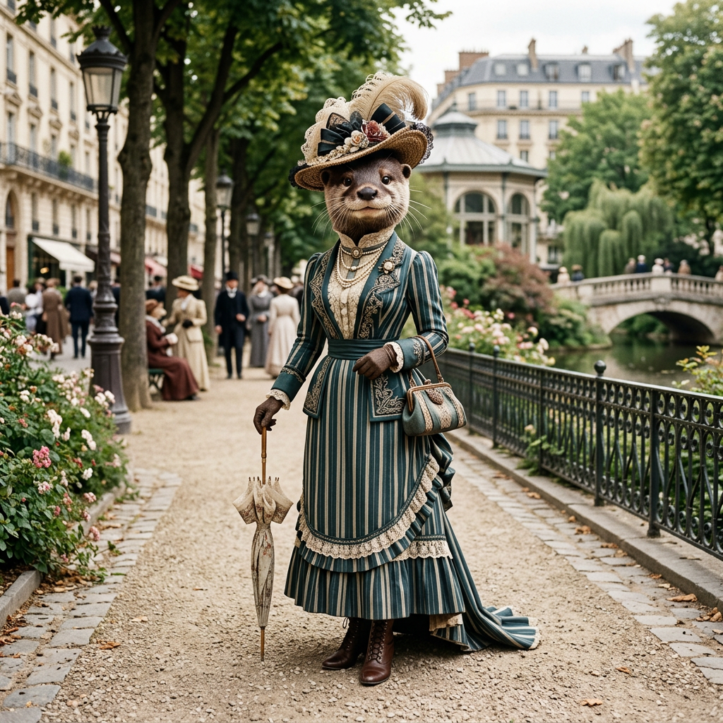 Anthropomorphic otter wearing Victorian dress and hat holding a parasol on park path